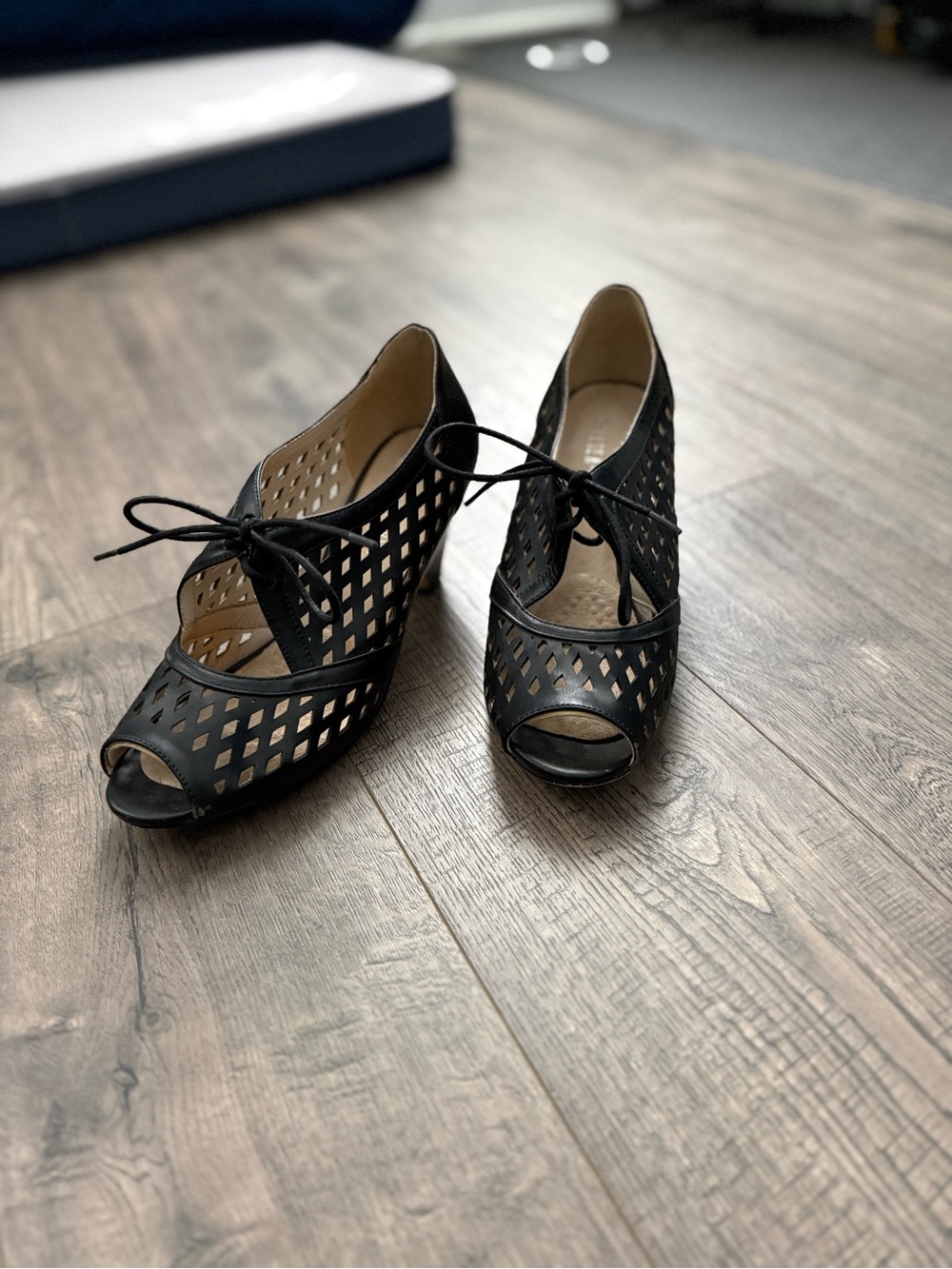 chelsea crew Black Cutout Lace-Up Peep Toe Heels